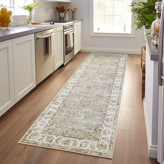 jinchan Fiora Hallway Runner Rug 3x8 Machine Washable Runner Rug Taupe Vintage Floral Design Non-Slip Low Pile Ultra-Thin for Kitchen Laundry Room Bedroom Farmhouse (3‘x8', Taupe)