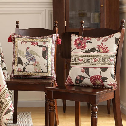 patdrea Designer Throw Pillow Covers 18X18 Inches,Vintage Red Linen Pillowcases with Leaves and Flower Pattern Pillows Cover for Couch,Decorative Square Cushion for Living Room Outdoor,Set of 2