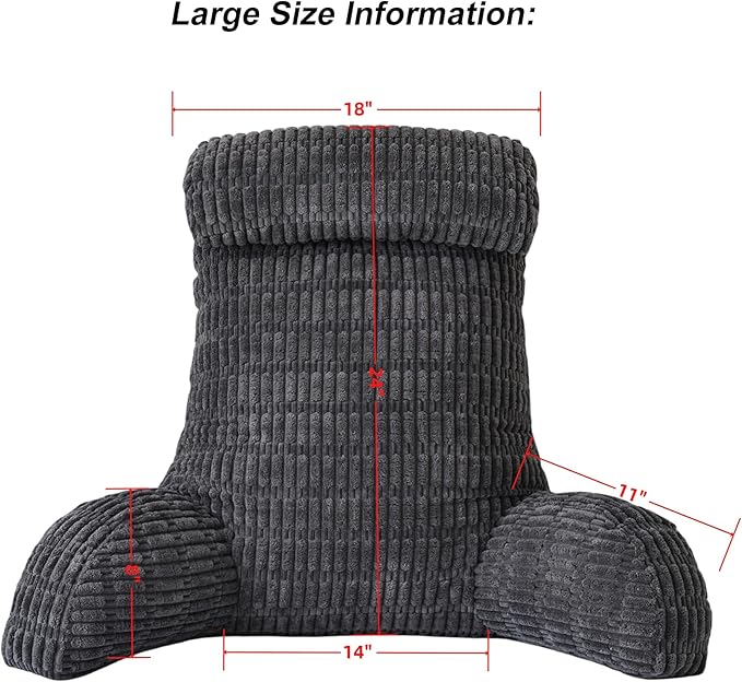 WERDIM Reading Pillow with Detachable Neck Roll, Large Back Pillow for Sitting Up in Bed Couch, Adult Bed Rest Pillow with Arms for Reading/Watching TV/Gaming, Dark Grey
