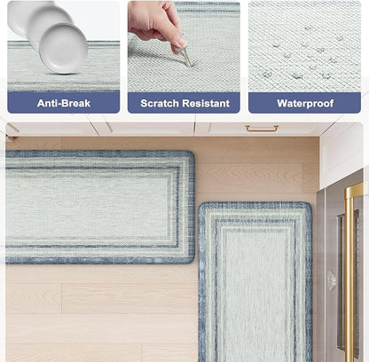 KIMODE Anti Fatigue Kitchen Mat 2PCS,Non-Skid Waterproof Kitchen Rugs,Farmhouse Kitchen Mat for Floor,Cushioned Comfort Foam Standing Mat for Floor,Office,Sink,Desk,Laundry,Blue and Gray