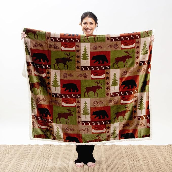 CARSTENS, INC. Ultra Premium Super Soft Plush Sherpa Fleece Oversized Throw Blanket 54" x 68", Patchwork Lodge
