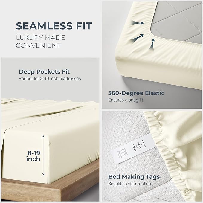 THREAD SPREAD 100% Egyptian Cotton King Size Sheets Set - Luxury 1500 Thread Count Egyptian Cotton Sheets King Size, 17" Deep Pocket, Soft, Cooling Sateen Weave Hotel Quality Bedding Set - Ivory