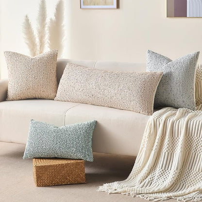 Decorative Couch Throw Pillow Covers 24x24 Beige Striped Soft Wool Pillow Covers Neutral Textured Boho Cushion Covers for Modern Farmhouse Sofa Bedroom Living Room Decor SY011-A24
