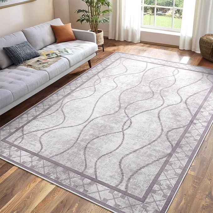 4x6 Area Rugs for Living Room Bedroom, Machine Washable Low Pile Rugs, Non Slip Modern Bordered Print Indoor Carpet for Entryway Office Dining Room Dorm Home Decor, Purple