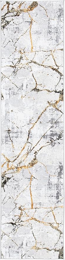 SAFAVIEH Amelia Collection Runner Rug - 2' x 16', Grey & Gold, Modern Abstract Design, Non-Shedding & Easy Care, Ideal for High Traffic Areas in Living Room, Bedroom (ALA293G)
