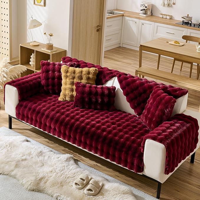 Christmas Faux Fur Armrest Cover Backrest Cover Fuzzy Plush Thick Bubble Sofa Cover Luxury Soft Cozy Couch Cover Anti-Slip Sofa Slipcover Washable Furniture Protector (Wine Red,28"x28")