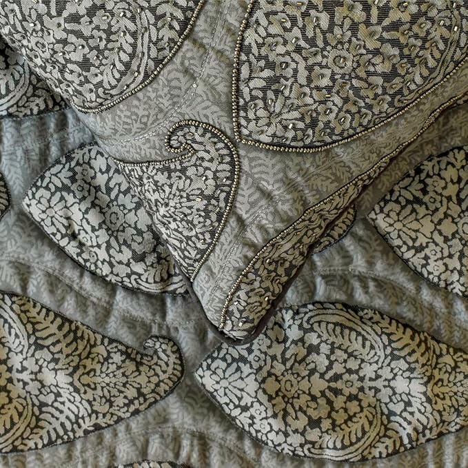 The HomeCentric King/Queen/Twin Grey Decorative Full 68"x18" Bed Runner with Pillow Cover, Paisley & Beaded Bed Scarf on Jacquard Fabric - Paisley History