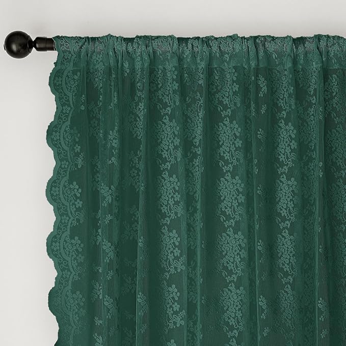 Anmao Vintage Lace Curtains 102 Inches Long 2 Panels, Romantic Semi Sheer Floral Lacy Curtain for Living Room, Elegant Window Drapes for Bedroom, Each Panel 55W x 102L, Turquoise