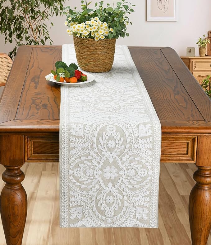 KEVA Boho Table Runner 72inches Long, Farmhouse Linen Table Runner, Rustic Vintage White Embroidered Table Runners 13x72 Inch for Dining Table Decorations
