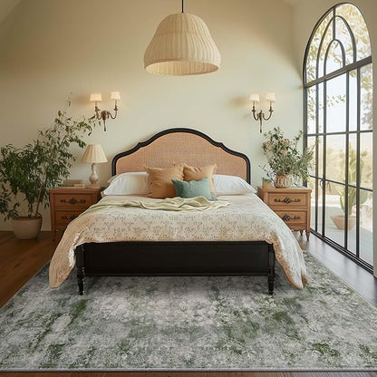 jinchan Washable Area Rug 8x10 for Living Room - Soft Faux Wool Ultra-Thin Stain Resistant Non-Slip Distressed Vintage Floral Large Christmas Carpet for Bedroom Home Office, Nursery(Green, 8'x10')