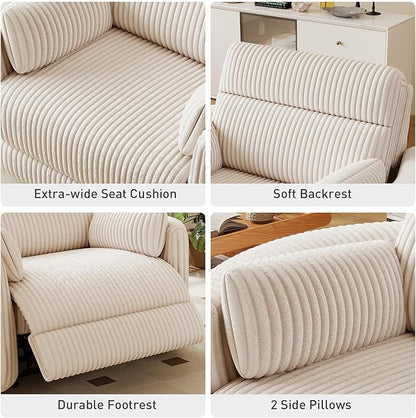 Bonzy Home Oversized Electric Recliner Chair for Adults with Extra-Wide Seat Cushion, Overstuffed Corduroy Power Recliner, Modern Round Single Sofa with 2 Pillows for Living Room, Bedroom, Beige