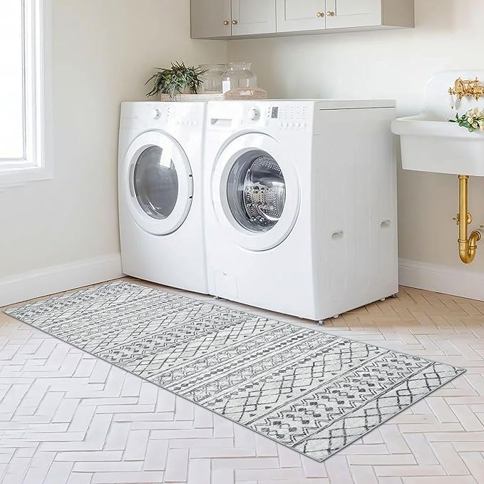 KUTA 2x6 Non-Slip Washable Runners for Hallways, Grey Moroccan Boho Distressed Geometric Vintage Kitchen Runner Rug, Ultra Soft Floor Mat for Entryway, Bathroom, Laundry, Living Room, Bedroom