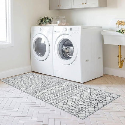 KUTA 2x6 Non-Slip Washable Runners for Hallways, Grey Moroccan Boho Distressed Geometric Vintage Kitchen Runner Rug, Ultra Soft Floor Mat for Entryway, Bathroom, Laundry, Living Room, Bedroom