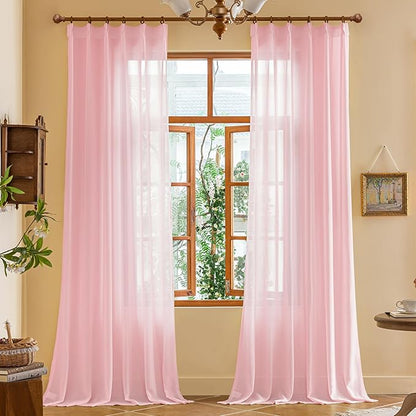 MAIHER 102 Inches Long Pink Sheer Curtains Pinch Pleated Drapes with Adjustable Hooks for Patio Sliding Door Soft Touch Lightweight Light Filtering Curtain Panels, Pink, 42" W x 102" L, 2 Panels