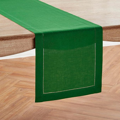 Solino Home Linen Garden Green Table Runner 108 Inches Long - 100% Pure Linen Hemstitch 14 x 108 Inch Table Runner for Dining, Christmas, Winter, New Year - Classic Hemstitch