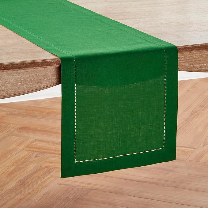 Solino Home Linen Table Runner 48 Inches - 100% Pure Linen Garden Green Hemstitch Table Runner 14 x 48 Inch Ideal for Dresser and Coffee Tables - Classic Hemstitch - Christmas, Winter, New Year