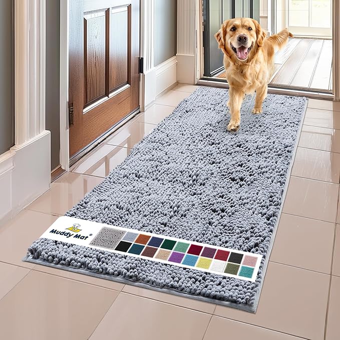 Muddy Mat® AS-SEEN-ON-TV Highly Absorbent Microfiber Door Mat and Pet Rug, Non Slip Thick Washable Area and Bath Mat Soft Chenille for Kitchen Bathroom Bedroom Indoor and Outdoor - Baby Blue 24"X60"