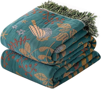 MSGKV 100% Cotton Blanket Boho Throw Blue Warm Couch Sofa Bed Double Sided Knit Super Soft Cover Sheet Reversible Wearable Fall Winter Blanket, 60''Wx 80''L, A-blue Bird (US6018-001A-150x200)