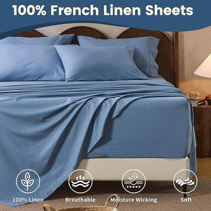 100% Linen Sheet Set Queen Size Extra Deep Pocket Fits 18-24 Inch Mattress, Breathable & Soft, Smooth 4-Piece Set for Thick Mattresses Hotel Luxury Bedding（Queen, Dusty Blue）