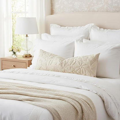 BlissBlush Light Beige Velvet Decorative Long Lumbar Pillow Cover 14x36, Neutral Floral Soft Body Pillow for Bed, Accent Lumbar Throw Pillow for Bedroom, Modern Farmhouse Textured Pillowcase