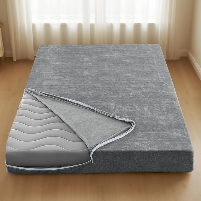 H.VERSAILTEX Queen Size Armless Futon Mattress Covers for Traditional Japanese Futon Mattress Soft Chenille Couch Slipcovers Floor Mats Sofa Protector Zippered Sleeper Sofa Cover,Grey