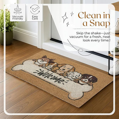 Coir Door Mats 17" X 30", Non-Slip Sturdy, PVC Backed Heavy Duty, Easy to Clean, Ideal for Door Entrance, Patio, Porch, Backyard, Garages, 5 Welcoming Puppies