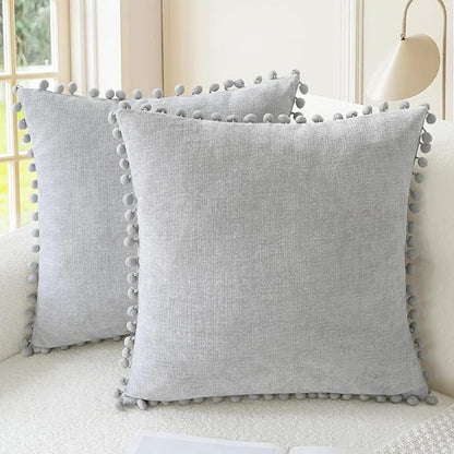 CaliTime Throw Pillow Covers Decorative 20 X 20 Inches Pack of 2 Cozy Solid Dyed Soft Chenille Cushion Cases with Pom Poms for Couch Sofa Bed Living Room Home Moonbeam Gray