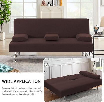 H.VERSAILTEX 4 Pieces Stretch Futon Covers Sofa Bed Slipcover with Removable Armrests and Cupholders Covers Furniture Protector High Spandex Small Checks Jacquard Fabric, Chocolate