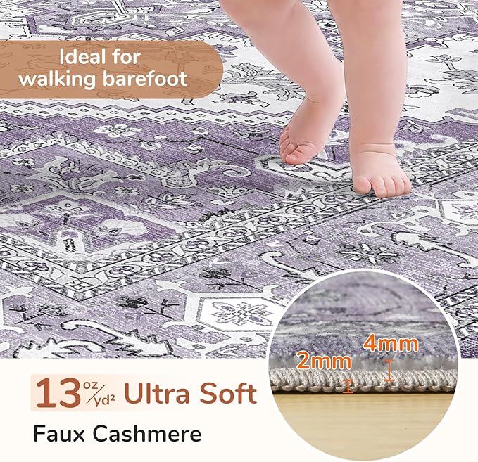 OPPODREAM Thin 10x14 Area Rugs, Washable Rugs 10x14 with Non Slip Backing, Low-Pile Faux Cashmere 10 x 14 Carpet, Purple