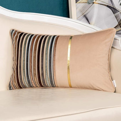 Yangest Brown Striped Patchwork Throw Pillow Cover Gold Leather Cushion Cover Zippered Rectangular Pillowcase for Sofa Couch Bedroom Living Room Home Decoration, 12x20 Inch