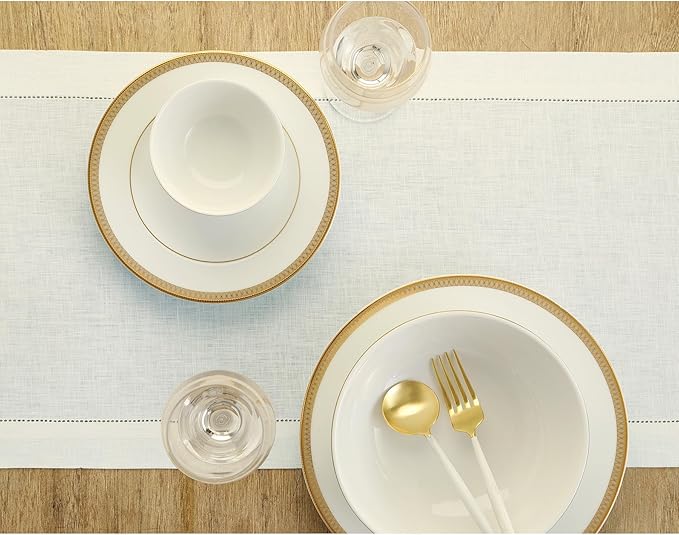 Solino Home Linen Ivory Table Runner 90 Inches Long - 100% Pure Linen Hemstitch 14 x 90 Inch Table Runner for Dining, Christmas, Holiday, New Year - Classic Hemstitch