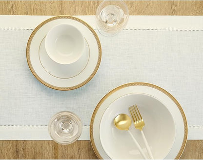 Solino Home Linen Ivory Table Runner 144 Inches Long - 100% Pure Linen Extra Long Table Runner 14 x 144 Inch for Christmas, New Year - Classic Hemstitch