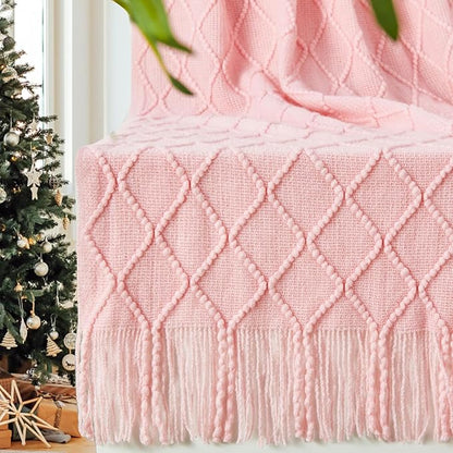 inhand ChristmasThrow Blankets for Couch, Gifts for Women Cozy Home Decor Knit Blanket, Pink Lightweight Decorative Blankets and Throws, Farmhouse Warm Woven Blanket for Men and Women, 60"x80"