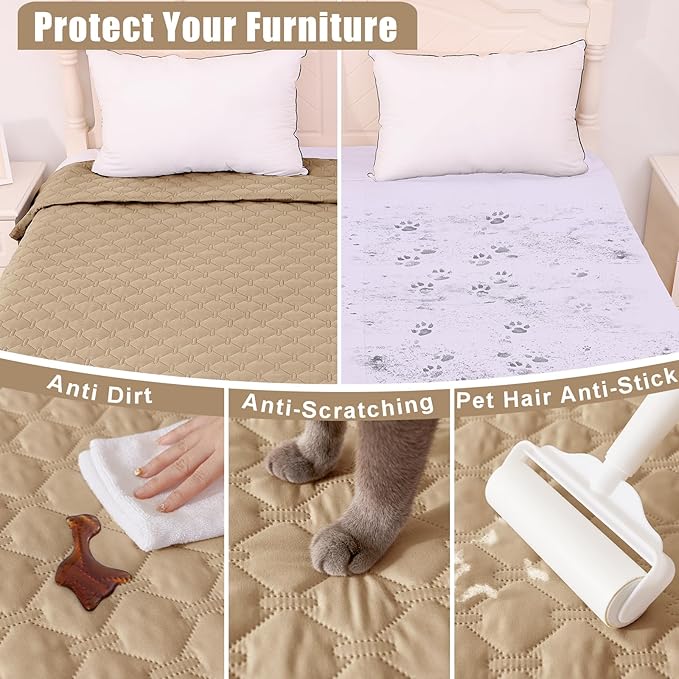 Smiry Waterproof Dog Bed Cover Blanket, Soft Reversible Pet Blanket, Washable Leakproof Cats Dogs Couch Cover for Sofa, Couch, Furniture, Plaid (82x102 Inch, Camel/Beige)