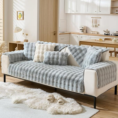 Faux Fur Couch Cover Fuzzy Soft Plush Thick Bubble Sofa Cover Luxury Sectional Couch Covers Luxury Anti-Slip Sofa Slipcover Washable Furniture Protector (Light Grey,28"x70")