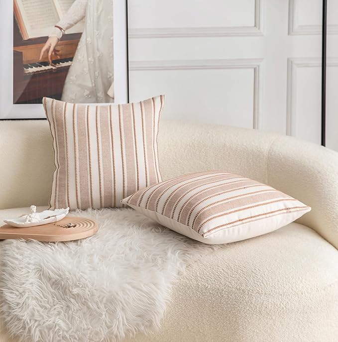 Decorative Boho Throw Pillow Covers, Farmhouse Textured Pillow Case, 20 x 20 Inch Set of 2, Chair Sofa Bedroom Living Room Home Decor Couch Cushion Case, Brown and Beige Striped