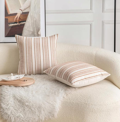Decorative Boho Throw Pillow Covers, Farmhouse Textured Pillow Case, 20 x 20 Inch Set of 2, Chair Sofa Bedroom Living Room Home Decor Couch Cushion Case, Brown and Beige Striped
