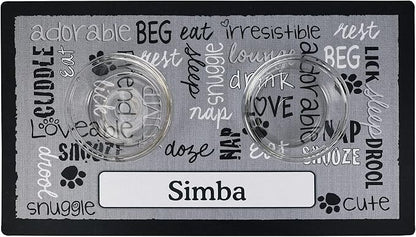 Drymate Personalized Pet Bowl Placemat, Custom Dog & Cat Food Feeding Mat - Absorbent Fabric, Waterproof Backing - Machine Washable/Durable (USA Made) (16" x 28") (Linen Black)