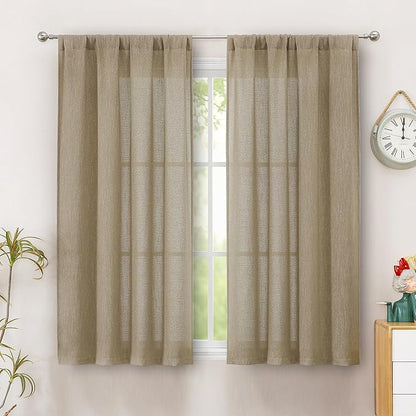 Simplebrand Taupe Semi Sheer Faux Linen Textured Curtains 54 Inch Length 2 Panels Set, Rod Pocket Farmhouse Short Curtain Drapes for Dinning Small Windows Bathroom Bedroom, Each 40Wx54L in, Taupe