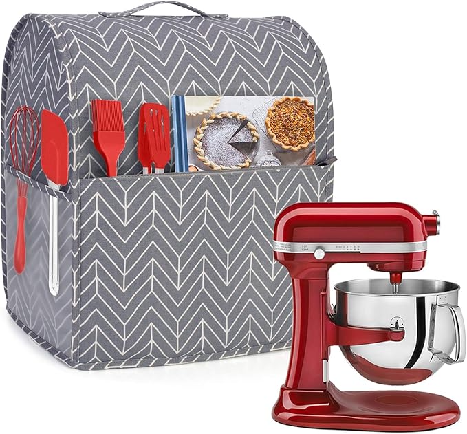 Yarwo Dust Cover for 6-8 qt Stand Mixer, Protective Stand Mixer Cover with Top Handle and Pockets for Extra Accessories, chevron