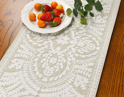 KEVA Boho Table Runner 72inches Long, Farmhouse Linen Table Runner, Rustic Vintage White Embroidered Table Runners 13x72 Inch for Dining Table Decorations