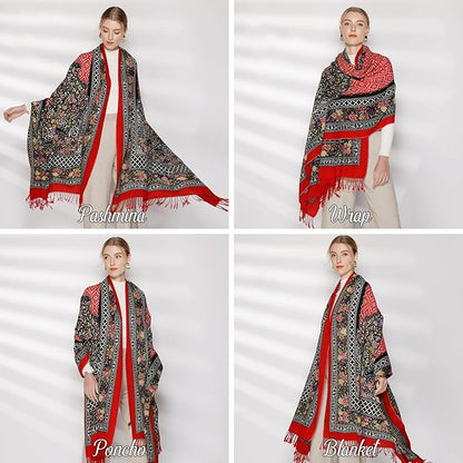 DANA XU 100% Merino Wool Pashmina Shawl for Women 96"x43", Oversized Cashmere Wrap with Tassels, Floral Travel Blanket Cape
