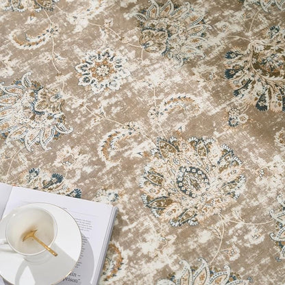 jinchan Fiora Round Rug 5ft Area Rug - Indoor Vintage Hallway Circle 5' Washable - Ultra-Thin Low Pile Soft Small Non Slip Distressed Floral Print for Living Room Dining Room Bedroom Entryway Taupe