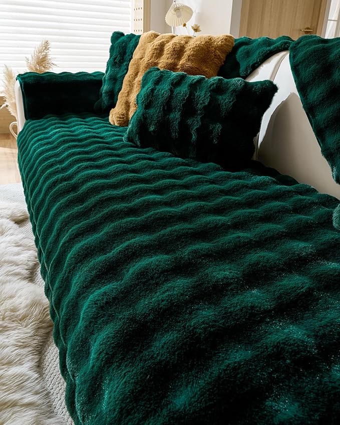Christmas Faux Fur Couch Cover Fuzzy Soft Plush Thick Bubble Sofa Cover Luxury Sectional Couch Covers Luxury Anti-Slip Sofa Slipcover Washable Furniture Protector (Dark Green,28"x70")