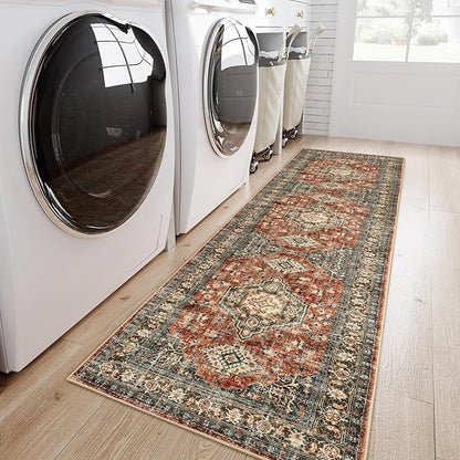 Lahome Oriental Washable Runner Rug Non Slip, 2x7 Rug Runners for Hallways Kitchen, Ultra-Thin Hallway Rugs for Laundry Room Bathroom Bedroom, Brick Red