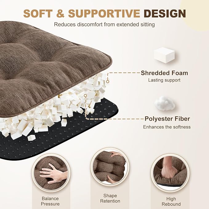 downluxe Indoor Chair Cushions for Dining Chairs, Tufted Overstuffed Textured Foam Kitchen Chair Pads with Ties and Non-Slip Backing, 15.5" x 15.5" x 4", Brown, 6 Pack
