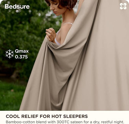 Bedsure Cooling Sheets, Rayon Derived from Bamboo & Cotton Blend, GentleSoft, Breathable, Queen Sheet Set, Deep Pocket Up to 18 Inches, Hotel Luxury Bedding for Hot Sleepers, Simply Taupe