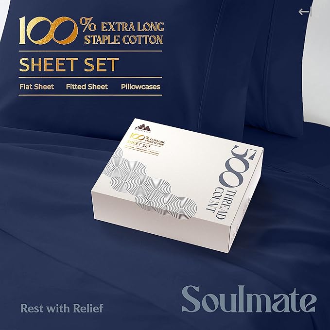 Mayfair Linen 500 Thread Count California King Cotton Sheets - 4 PC Cal King Size Bed Sheet Set Cotton (Navy Blue), Soft, Cooling, Sateen 16" Deep Pocket Bedsheet for Hot Sleepers (Fits 18" Mattress)