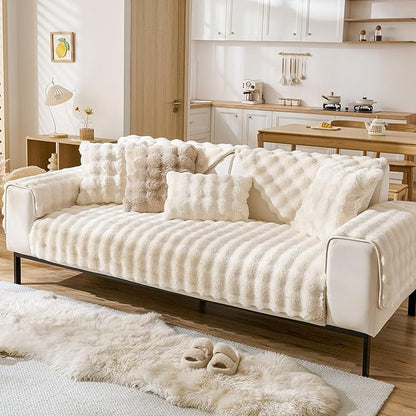 Faux Fur Armrest Cover Backrest Cover Fuzzy Plush Thick Bubble Sofa Cover Luxury Soft Cozy Couch Cover Anti-Slip Sofa Slipcover Washable Furniture Protector (Ivory,28"x28")