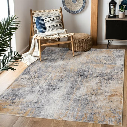 Area Rug 5×7, Vintage Boho Rug,Ultra-Soft Low Pile, Washable, Non Slip,Stain Resistant Printed Carpet for Living Room Bedrooms Playroom Office Kitchen, Gold/Grey